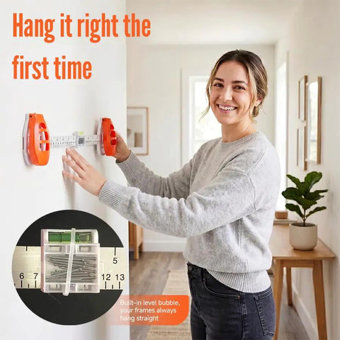 Premium 3 In 1 Picture Hanging Tool With Bubble Level Dual Plastic Rulers And Sharp Metal Push Nails For Effortless Wall Art Display Secure Frame Mounting And Never Guessing Measurements Again Like A Champ