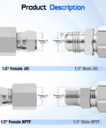 Half Inch NPTF Female to Half Inch JIC 37 Degree Swivel Pipe Adapter Fitting 6506 08 08 2 Pack Heavy Duty Workhorse for Hydraulic Hoses Fuel Lines and Pneumatic Systems diagram showing 1/2 in female NPTF and JIC ends