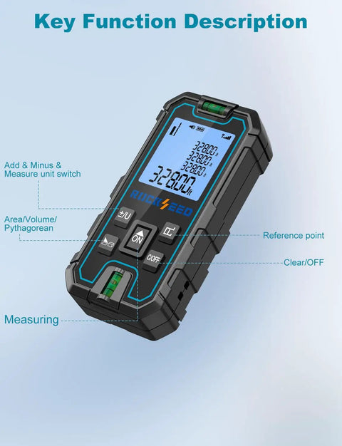 Ultra Accurate Laser Tape Measure 328 Feet With Dual Bubble Levels, Portable Digital Distance Tool, Quick Measurements In Inches Feet Meters, Laser Measure With 5 Unit Conversions on black handheld body