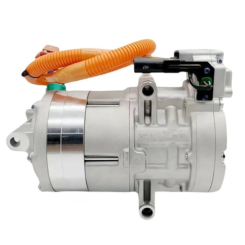 Top Shelf Heavy Duty Electric Hybrid AC Compressor For Tesla Model S 2012 Through 2018, silver CNC-built design with orange wiring.