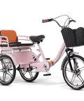 Hassle Free Fold Tandem Tricycle For Adults And Seniors With Rear Bucket Seat And Locking Safety Strap 20 Inch Front Wheel Heavy Duty Steel Frame Bright Pink Chill City Cruisers side view with basket.
