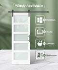 32 Inch By 84 Inch White Frosted Glass Sliding Barn Door With 66 Inch Hardware Kit And Handle PVC Surface Finish