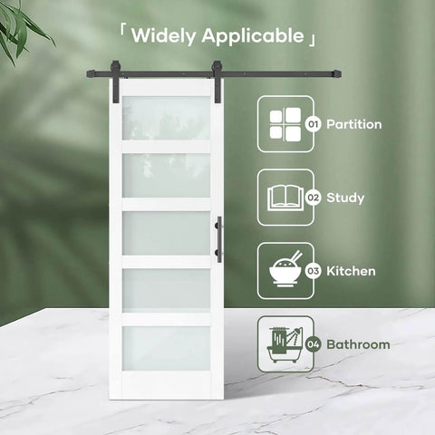 32 Inch By 84 Inch White Frosted Glass Sliding Barn Door With 66 Inch Hardware Kit And Handle PVC Surface Finish