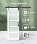 Dope White Frosted Glass Barn Door 30 X 84 Inch Size, Toughened Privacy Panel, Premium PVC Coated Wood Core, Smooth Rolling Hardware Set.