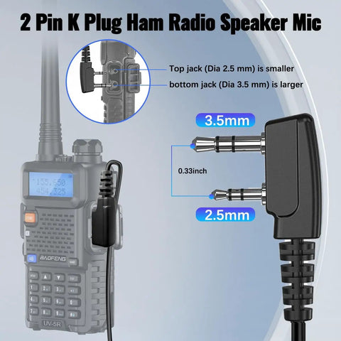 Rugged Ham Radio Speaker Mic For UV-5R Mini And UV-5G Plus Series 2 Pack With 2 Pin K Plug And 3.5mm 2.5mm Jack Stretchable Cable
