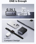 Six Port GaN Desktop Charger With 100W USB C Power Hub for MacBook Pro Air iPad iPhone Galaxy Pixel Dell XPS