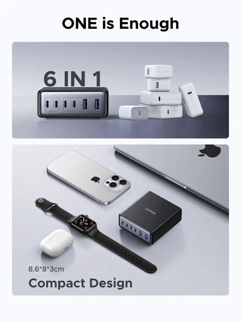 Six Port GaN Desktop Charger With 100W USB C Power Hub for MacBook Pro Air iPad iPhone Galaxy Pixel Dell XPS