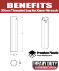 Front view of a black 33 mm lug nut cover remover tool socket for semi-truck; premium plastic, rust resistant.