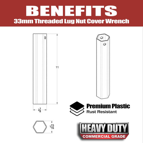 Front view of a black 33 mm lug nut cover remover tool socket for semi-truck; premium plastic, rust resistant.