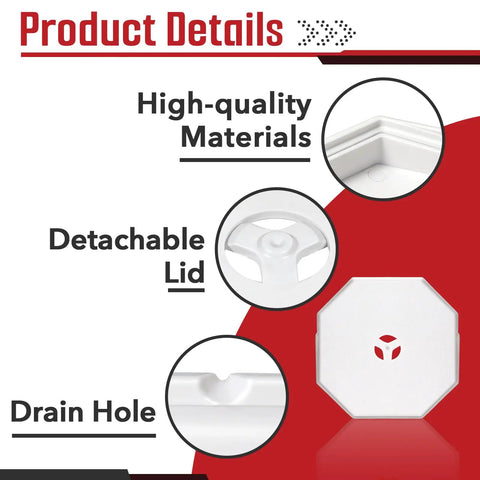 Set Of Four Octagon Vinyl Siding Mounting Blocks One Half Inch Lap Siding Compatible Durable ABS Plastic With Paintable Surface For A DIY Friendly Seamless Exterior Look, white octagon block with detachable lid and drain hole