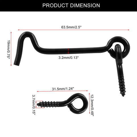 6 Pack Black Cabin Hook Eye Latch For Wood Doors Windows, dimensions 63.5x19mm and 31.5x12.3mm, zinc material, swivel style.