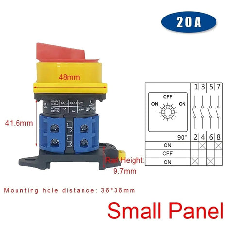 Two-Stage Rotary Cam Switch For DIN Rail Mount, 25A 48x48mm Padlockable Isolator, front view with dimensions