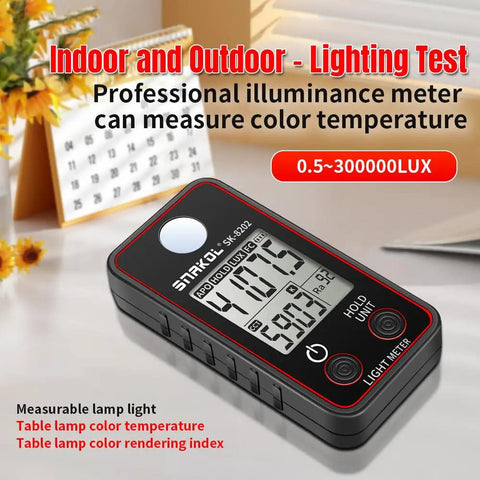 Pro Grade Color Temperature Tester And Illuminance Meter With Ultra Precise 0.5 To 300000 Lux Range LED Illumination Test Meter For Photography And Video Photometric Luminance Measurement Device black SK-8202 on desk