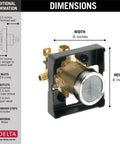 MultiChoice Universal Tub And Shower Valve Body dimensions 4x4 inches, brass material, standard style inlets for hot and cold.