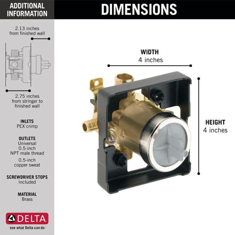 MultiChoice Universal Tub And Shower Valve Body dimensions 4x4 inches, brass material, standard style inlets for hot and cold.