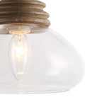 Close-up of Farmhouse Pendant Light With Mango Wood And Clear Glass Teardrop Shade, Open Glass Design, Modern Rustic Style