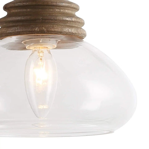 Close-up of Farmhouse Pendant Light With Mango Wood And Clear Glass Teardrop Shade, Open Glass Design, Modern Rustic Style