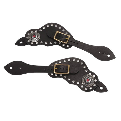 Dope Vintage Style Cow Leather Rhinestone Spur Strap With Adjustable Metal Buckle for Horse Riding Gear, close-up detail