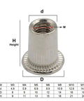 Top Quality 15 Piece Flat Head Threaded Insert Nuts Aluminum Pack For Solid Metal Wood And Plastic Repairs With Secure Gripping Rivnut Assortment Kit Setup, silver aluminum threaded insert nut with size measurements.