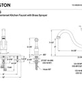 Technical drawing of Georgian Kitchen Faucet With Brass Sprayer In Brushed Nickel, 9 1/8 Inch Spout, Victorian Style, 4 Hole Mount, swivel