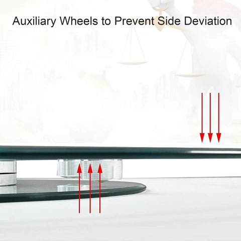 Side view of Rotating Food Turntable For Dining Table With 360 Degree Spin, highlighting auxiliary wheels for anti-tipping design.