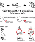 Instruction diagram for using RJ45 Easy Plug Repair Clips For Cat5e And Cat6 Cables Clear Replacement For Damaged Release Clips.
