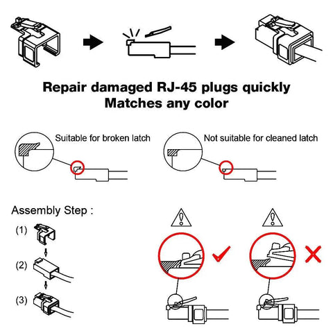Instruction diagram for using RJ45 Easy Plug Repair Clips For Cat5e And Cat6 Cables Clear Replacement For Damaged Release Clips.
