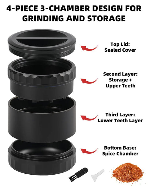 Exploded view of 2.5 Inch Aluminum Herb Grinder With Top Storage And Large Bottom Chamber 3 Piece 4 Part Spice Grinder With Anti Jam Teeth
