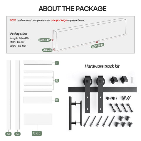White 30x84 Inch Barn Door With 5.5 Foot Sliding Hardware Kit Included And Handle Solid Wood And MDF Core With PVC Surface Easy DIY Assembly 5 Panel Design Fits 27 To 28 Inch Opening showing hardware and track kit details.