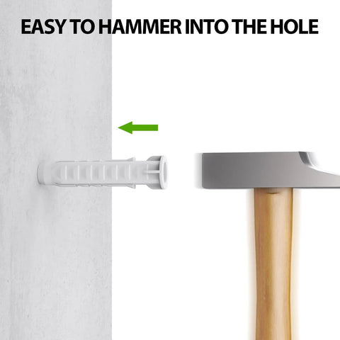 Concrete Wall Anchors For TV Wall Mount Installation Suitable For Concrete Or Brick Walls Durable Plastic Anchor Bolts 10x50mm White 6 Pack With Two Way Expansion For Increased Holding Power being installed with a hammer