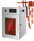 Straight Up Stainless Steel 360 Degree Rotary Food Dehydrator And Sausage Dryer With Simple Dials And Timer For Killer Homemade Jerky And Garden Fresh Veggies with hanging sausages.