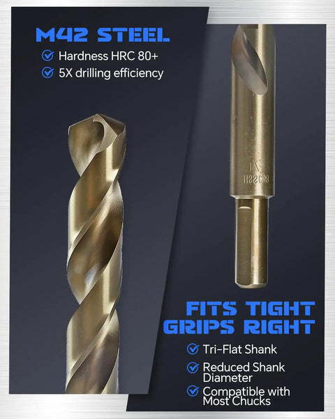 Pro Grade M42 Cobalt Drill Bit Set 21 Pcs Precision Ground Twist Bits with tri-flat shank and HRC 80+ M42 steel construction.