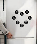 Seven Funny Kitchen Quote Round Acrylic Fridge Magnet Decor 2.3 Inch Clear Front With Soft Backing on white fridge.
