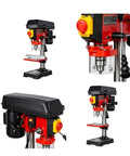 Rock Solid Benchtop Drill Press Eight Inch Swing Five Speed Motor One Half Inch Steel Chuck Heavy Duty Cast Iron Base visible at different angles.