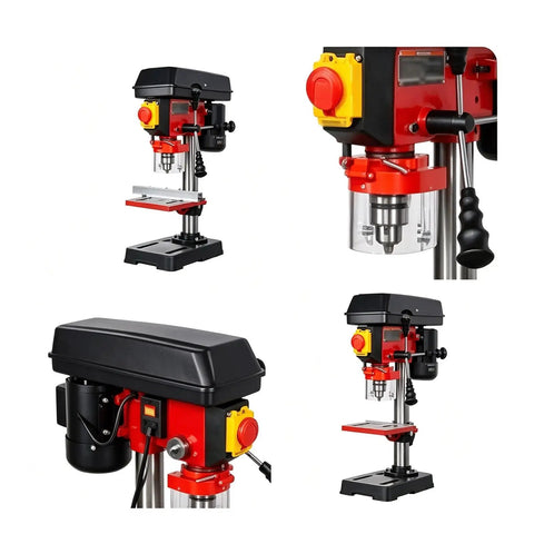 Rock Solid Benchtop Drill Press Eight Inch Swing Five Speed Motor One Half Inch Steel Chuck Heavy Duty Cast Iron Base visible at different angles.