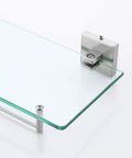Close-up of the stainless steel bracket and 6mm tempered clear glass of the 1-tier wall mount brushed finish rustproof bathroom shelf.