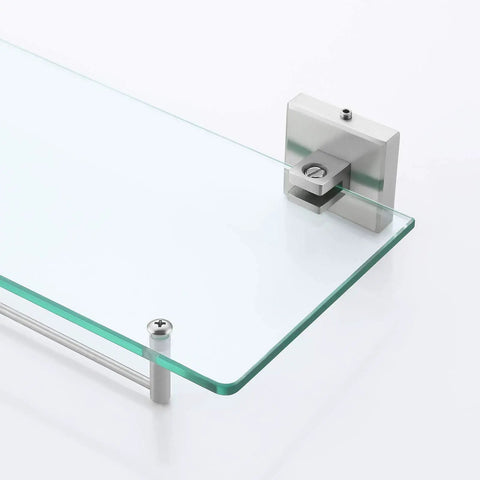 Close-up of the stainless steel bracket and 6mm tempered clear glass of the 1-tier wall mount brushed finish rustproof bathroom shelf.