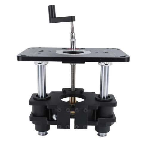 Rock Solid Router Lifting System With Quick Turn Crank And Tight Micro Tweaks For Woodworking Router Tables top view of router lift with adjustable mechanism and mounting plate.