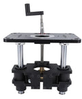 Heavy Duty Aluminum Router Lifting System Kit With Butter Smooth Crank Height Adjustment and Universal Insert Rings, showing hand crank and sturdy base.