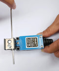 Hands holding a 2 Pack ME-8107 Adjustable Rod Lever Arm Limit Switch 1NC 1NO Momentary Travel Switch For CNC Mills, Zinc Alloy Body.