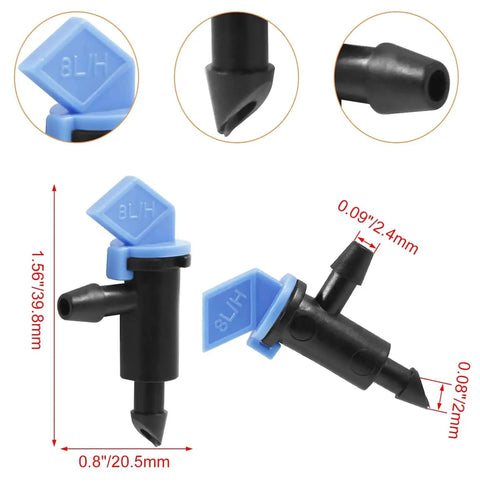 Close-up image of 100 Pack 2 GPH Drip Emitter Flag Drippers For Garden Lawn Vegetables Easy Install Irrigation System Parts With 4mm And 7mm Hose Connectors Blue Durable Plastic showing dimensions and design details.