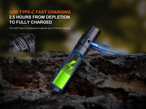 PD36R V2.0 1700 Lumen USB Type C Rechargeable EDC Tactical Flashlight on rock, charging indicator glowing green