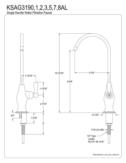 Technical drawing of Restoration Water Filtration Faucet In Brushed Brass, Deck Mount Single Hole, 8 5/8 spout clearance