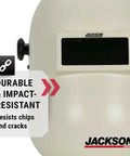 Close-up of PL280 Pipeline Welding Hood With Shade 10 Flip Front, ANSI Z87.1, showing durable fiberglass material, Made in USA.