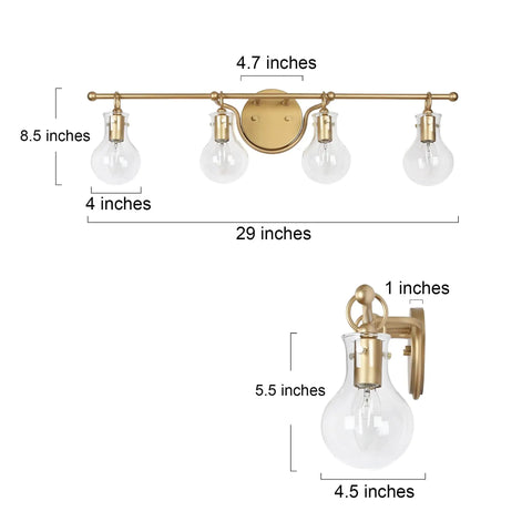Gold Vanity Lights 4 Light Modern Bathroom Fixtures With Gourd Glass Shades, Dope Gold Finish And Clear Glass, dimensions shown
