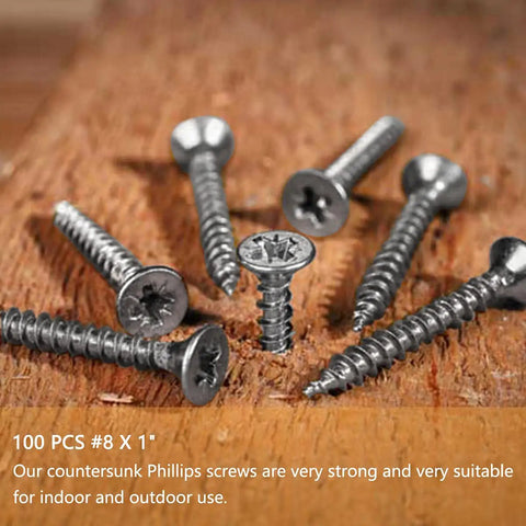 Tough As Nails Number 8 By 1 Inch 304 Stainless Steel Wood Screws 100 Piece Pack on wood surface, showing flat heads and sharp threads.