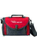 Front view of red and black sports first aid kit bag with handle and shoulder strap