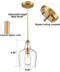 Lit Brushed Gold Pendant Light With Clear Glass Shade, Adjustable 59 Inch Cord, hanging chandelier with measurements