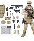 12 Inch One Six Scale Action Figure Set With Fully Poseable Army Special Forces Soldier Digital Desert Camouflage Uniform Removable Gear And Exchangeable Hands For Real Battle Play And Epic Display shown with accessories and gear.