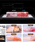 Electric Smart Defrosting Tray With Clear Visual Lid And Usb Power For Lightning Fast Meat Thawing High Conductivity Aluminum Base Quick Dinner Prep Top Tier Kitchen Gear showing thawing process of frozen steak and seafood.